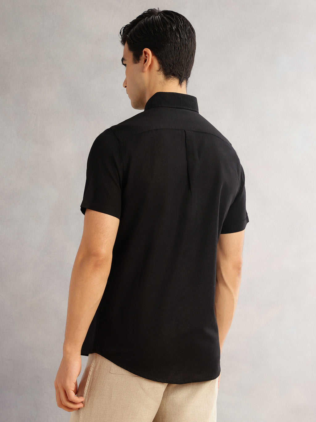 Thomas Scott Men Black Cricket Club Regular Fit Short Sleeves Spread Collar Cotton Linen Casual Shirt