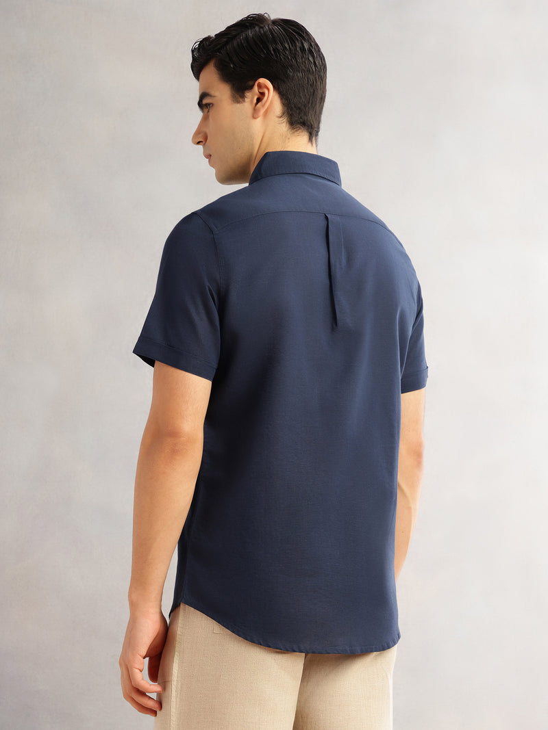 Thomas Scott Men Navy Cricket Club Regular Fit Short Sleeves Spread Collar Cotton Linen Casual Shirt