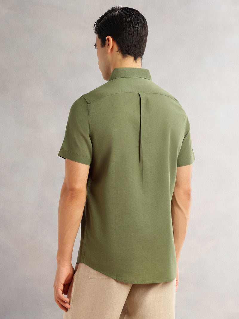 Thomas Scott Men Olive Cricket Club Regular Fit Short Sleeves Spread Collar Cotton Linen Casual Shirt