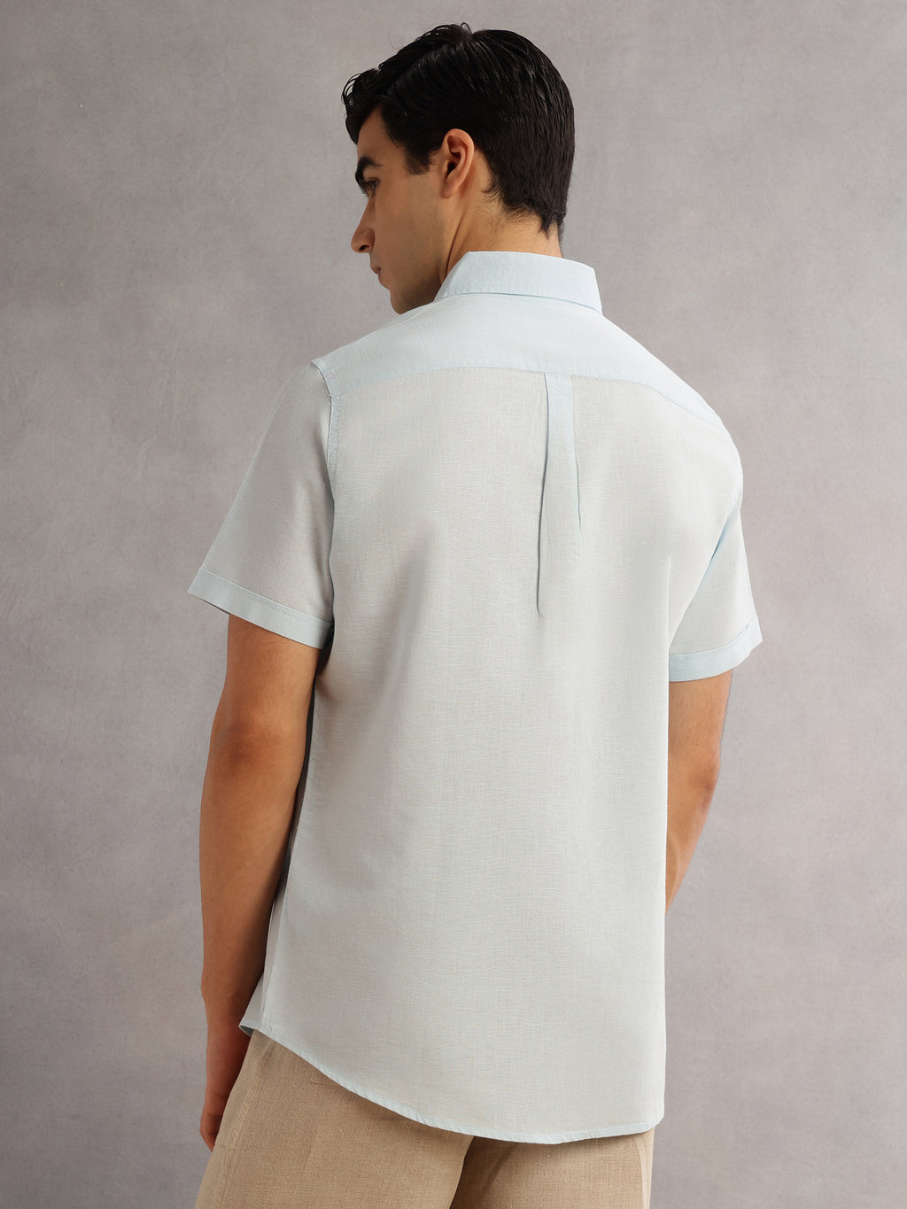 Thomas Scott Men SkyBlue Cricket Club Regular Fit Short Sleeves Spread Collar Cotton Linen Casual Shirt