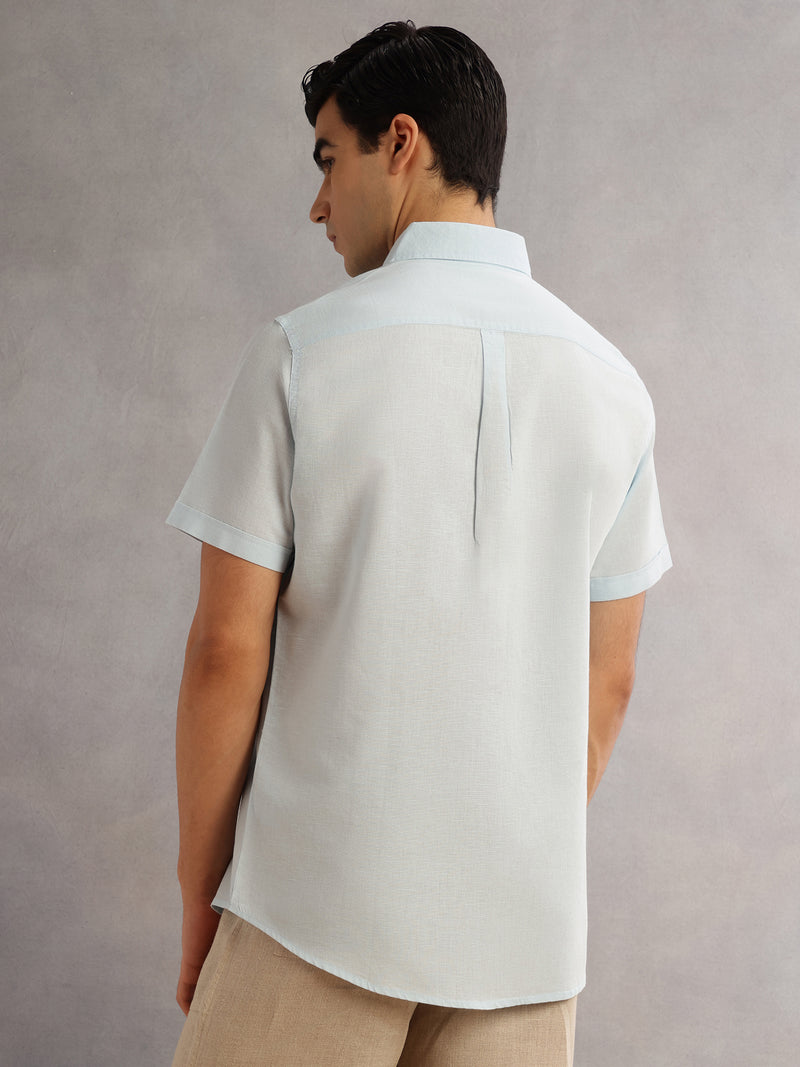 Thomas Scott Men SkyBlue Cricket Club Regular Fit Short Sleeves Spread Collar Cotton Linen Casual Shirt