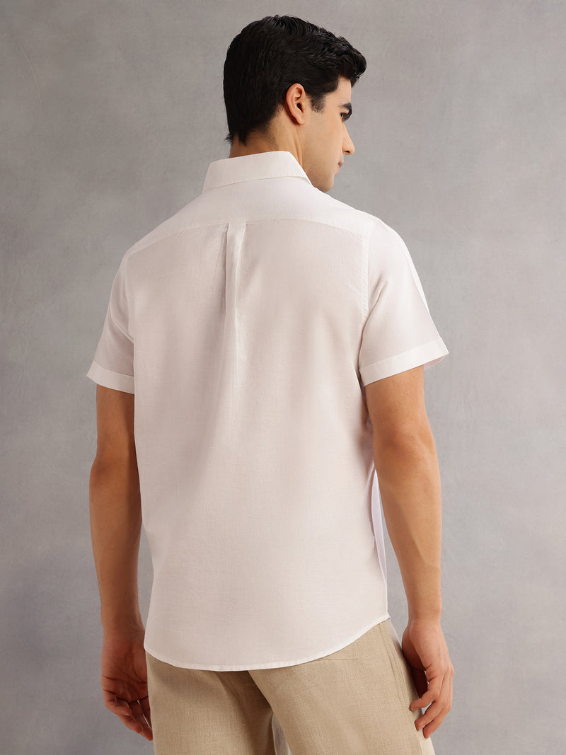 Thomas Scott Men White Cricket Club Regular Fit Short Sleeves Spread Collar Cotton Linen Casual Shirt