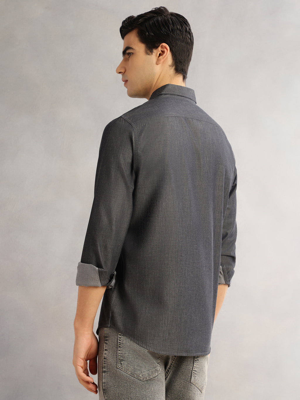 Thomas Scott Men Black Slim Fit Long Sleeves Spread Collar Chambray 100% Cotton Casual Shirt