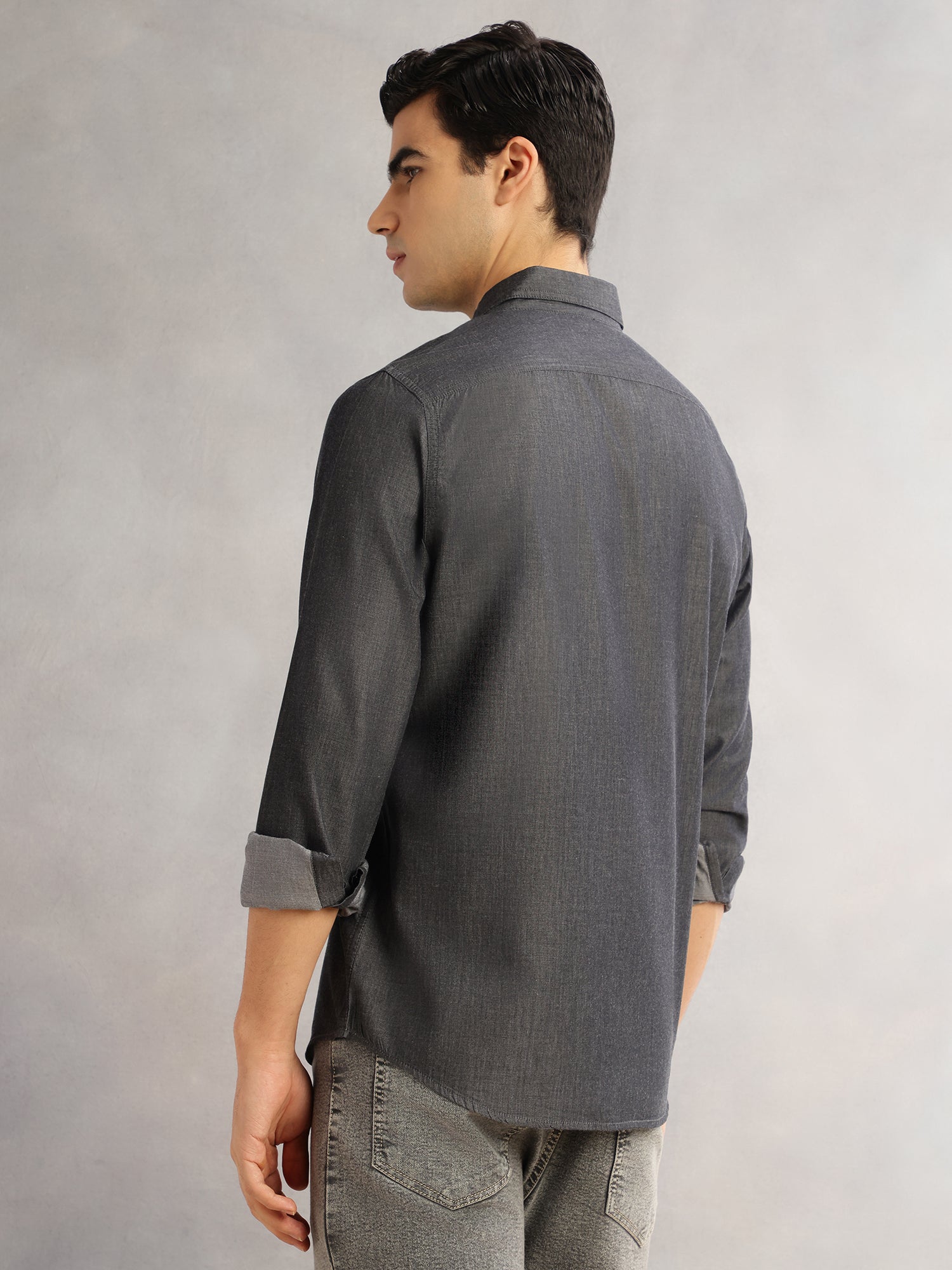 Thomas Scott Men Black Slim Fit Long Sleeves Spread Collar Chambray 100% Cotton Casual Shirt