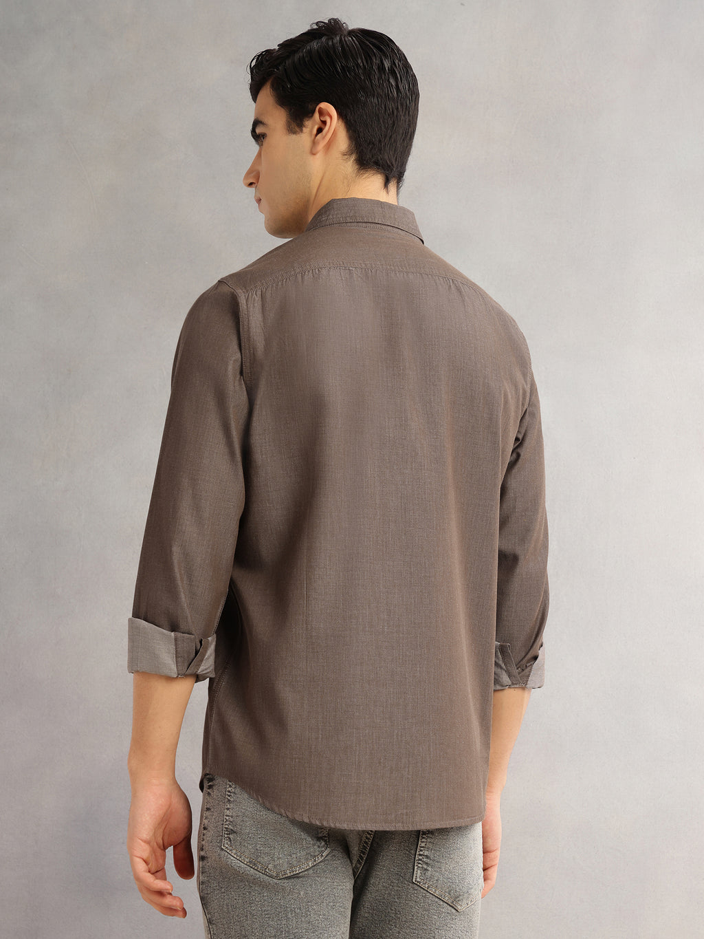 Thomas Scott Men Brown Slim Fit Long Sleeves Spread Collar Chambray 100% Cotton Casual Shirt