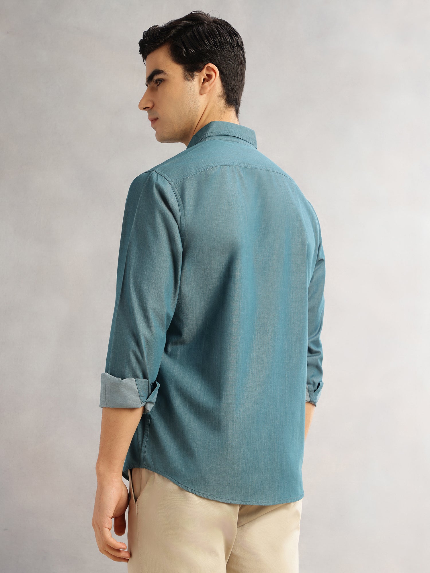 Thomas Scott Men Green Slim Fit Long Sleeves Spread Collar Chambray 100% Cotton Casual Shirt