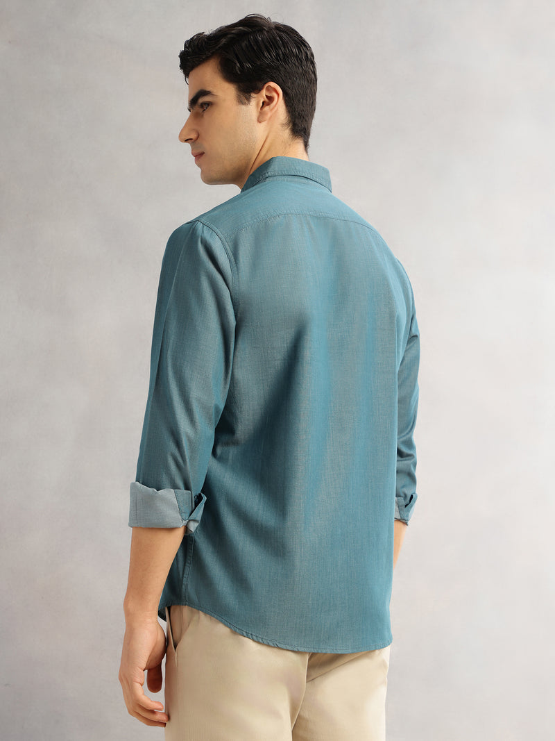 Thomas Scott Men Green Slim Fit Long Sleeves Spread Collar Chambray 100% Cotton Casual Shirt