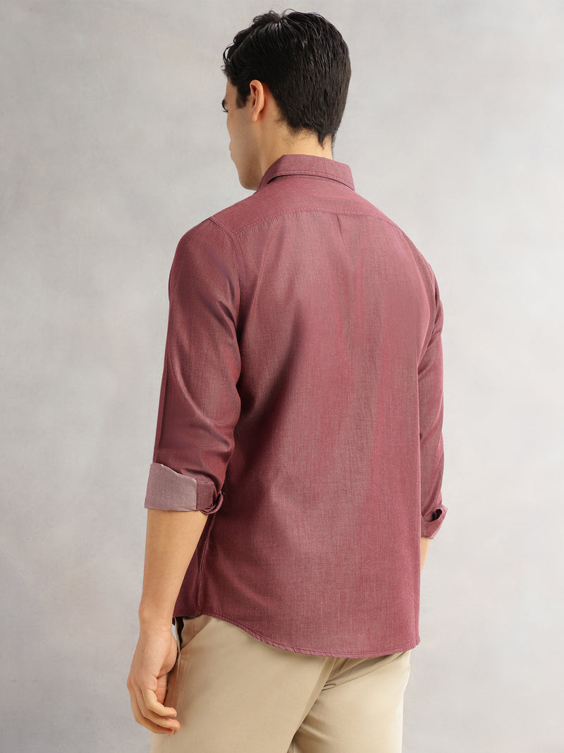 Thomas Scott Men Maroon Slim Fit Long Sleeves Spread Collar Chambray 100% Cotton Casual Shirt