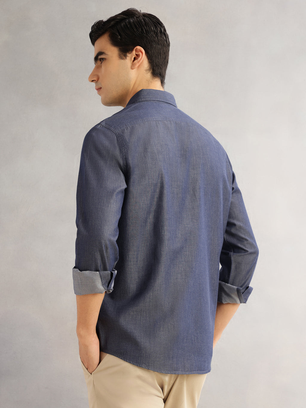 Thomas Scott Men Navy Slim Fit Long Sleeves Spread Collar Chambray 100% Cotton Casual Shirt