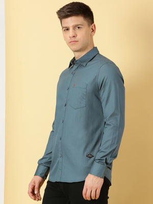 Thomas Scott Men Teal Slim Fit Long Sleeves Spread Collar 100% Cotton Flannel Casual Shirt