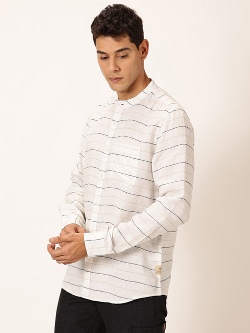 Thomas Scott Men Cream Slim Fit Long Sleeves Horizontal Stripes Linen Casual Shirt