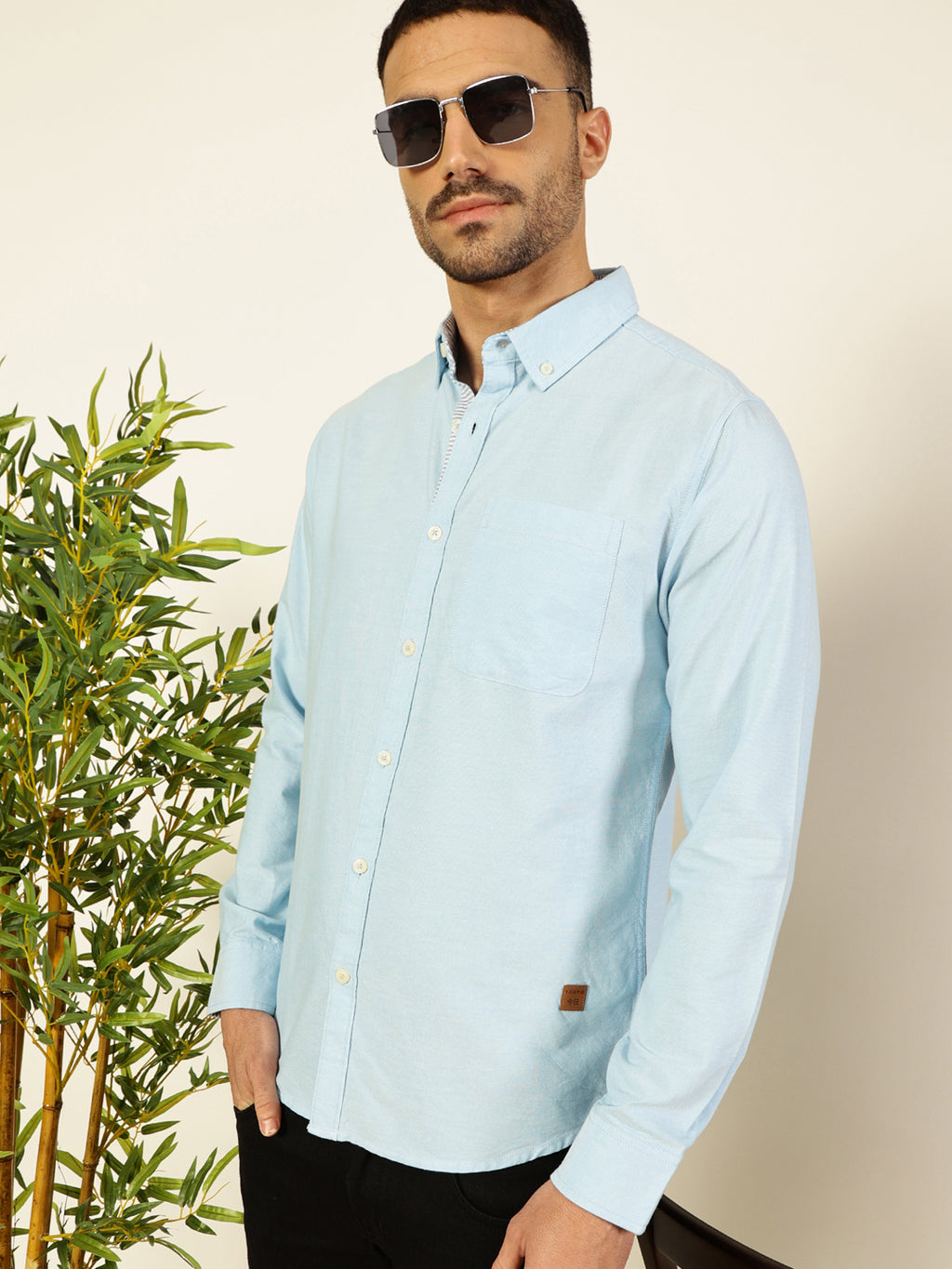 Thomas Scott Men Light Blue Slim Fit Long Sleeves Button-Down Collar 100% Cotton Casual Shirt