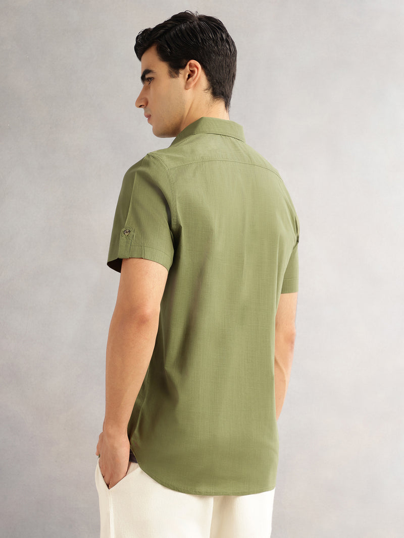 Thomas Scott Men Olive Regular Fit Short Sleeves Spread Collar 100% Cotton Casual Shirt