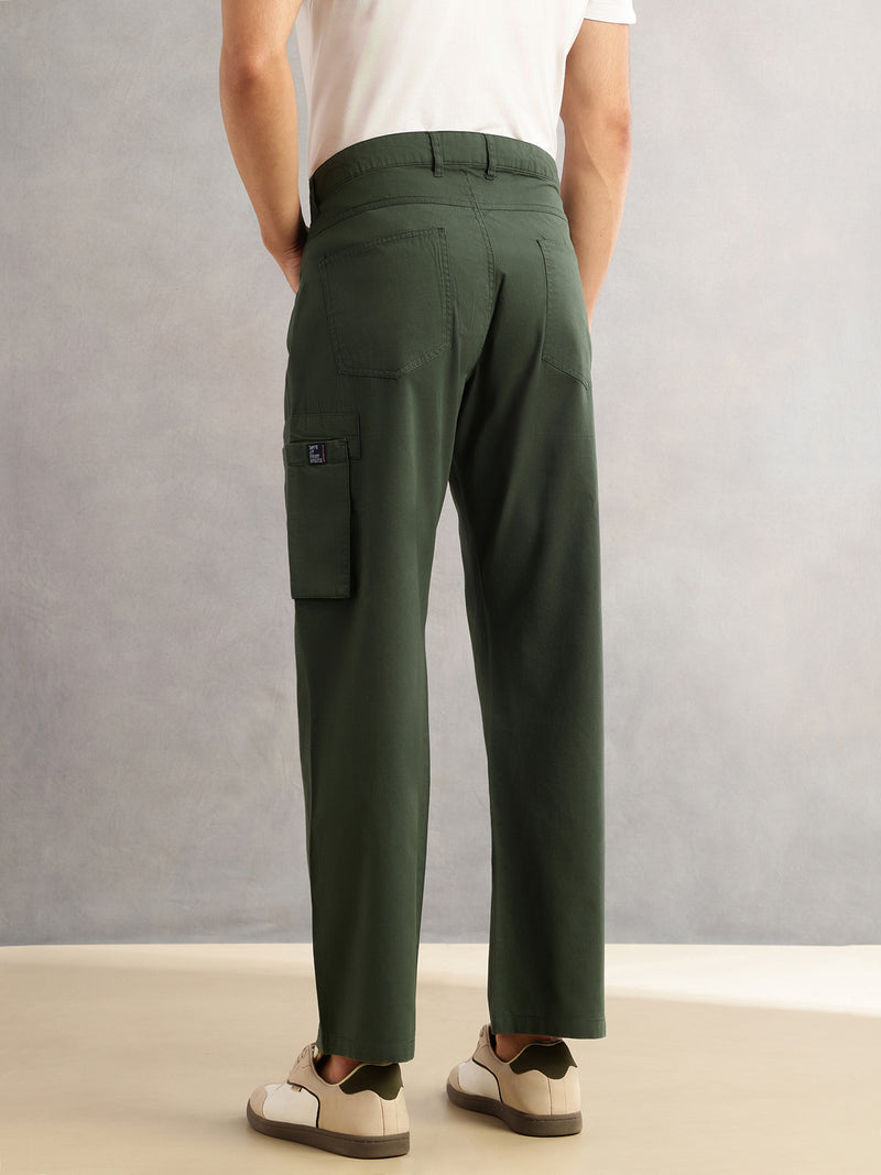 Thomas Scott Men Dark Green Cricket Club Straight Fit Mid-Rise Solid 100% Cotton Woven Cargo Trouser