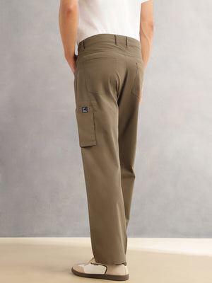 Thomas Scott Men Olive Cricket Club Straight Fit Mid-Rise Solid 100% Cotton Woven Cargo Trouser