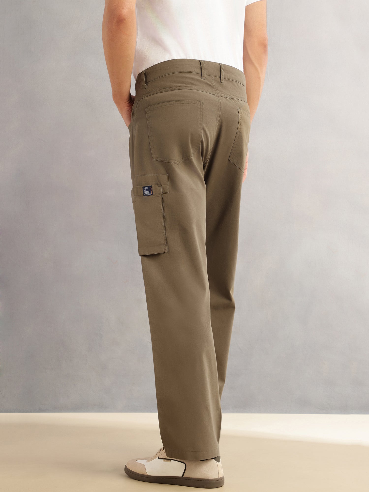 Thomas Scott Men Olive Cricket Club Straight Fit Mid-Rise Solid 100% Cotton Woven Cargo Trouser
