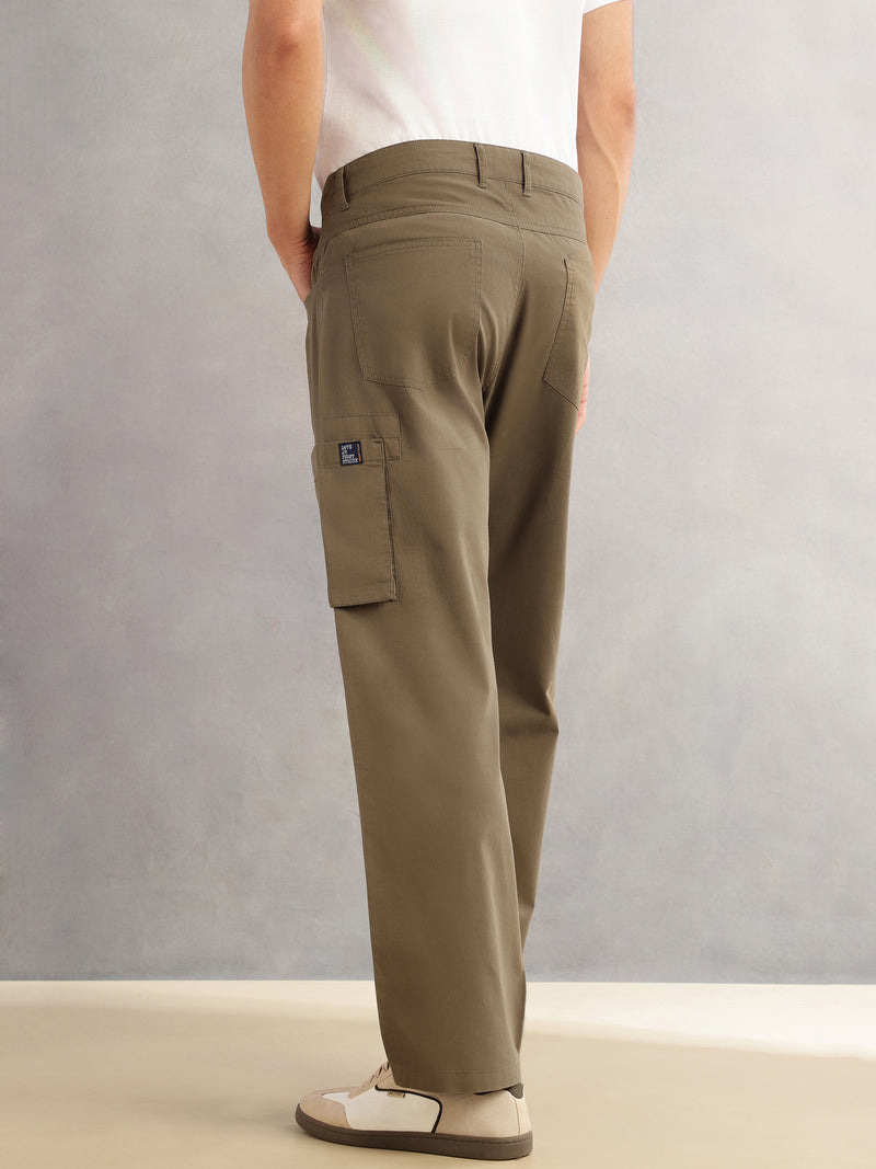 Thomas Scott Men Olive Cricket Club Straight Fit Mid-Rise Solid 100% Cotton Woven Cargo Trouser