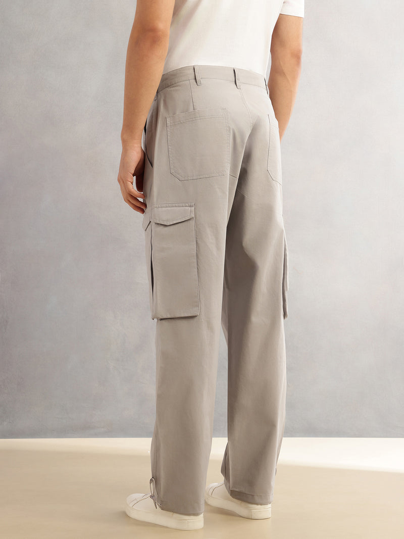 Thomas Scott Men Light Grey Cricket Club Relaxed Fit Mid-Rise 100% Cotton Woven Cargo Trouser