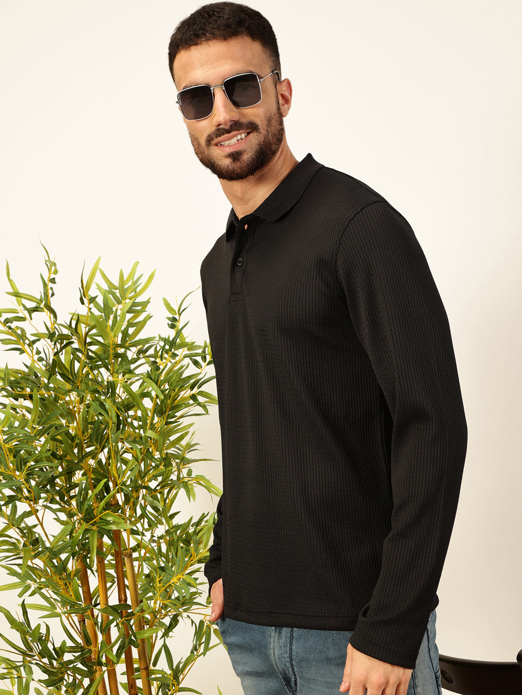Thomas Scott Men Black Regular Fit Long Sleeves Pinstripes Polo Collar Knitted Tshirt