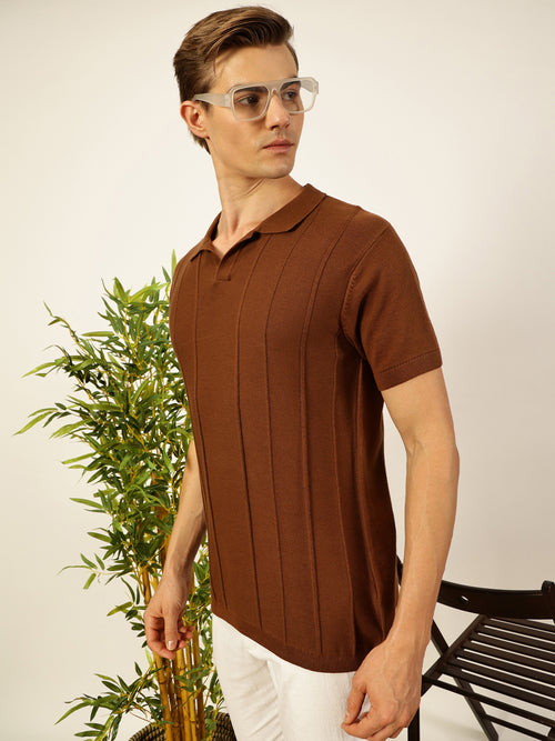 Thomas Scott Men Brown Regular Fit Short Sleeves Striped 100% Cotton Knitted Polo Collar T-shirt