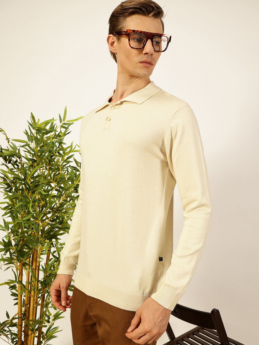 Thomas Scott Men Off White Regular Fit Long Sleeves Solid 100% Cotton Knitted Polo Collar T-shirt