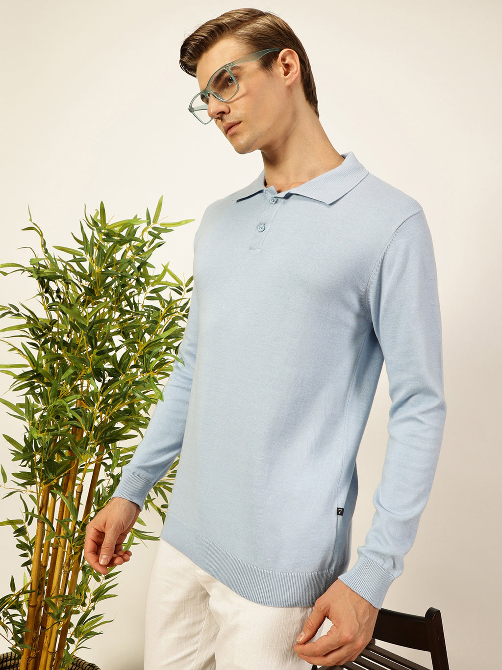 Thomas Scott Men Sky Blue Regular Fit Long Sleeves Solid 100% Cotton Knitted Polo Collar T-shirt