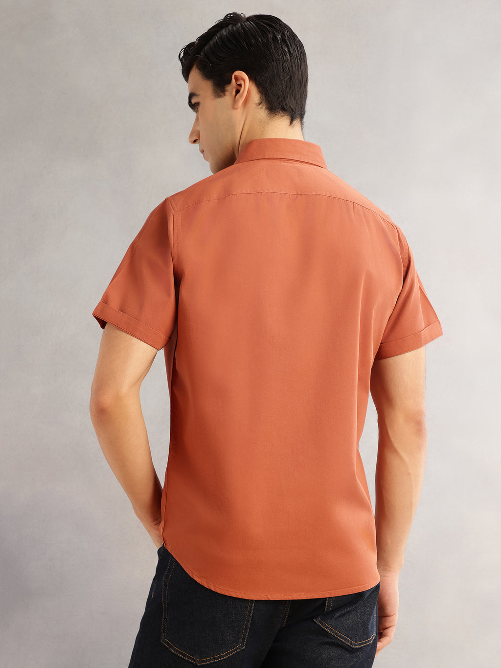 Thomas Scott Men Rust Premium Slim Fit Short Sleeves Spread Collar Solid 100% Cotton Casual Shirt
