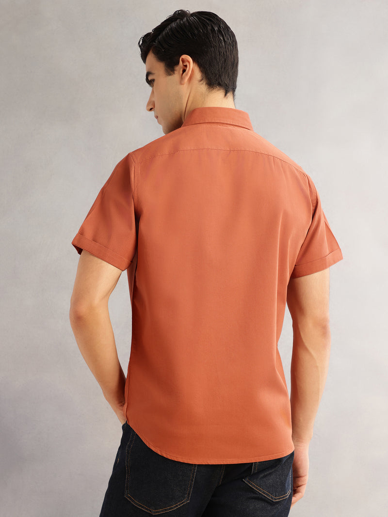 Thomas Scott Men Rust Premium Slim Fit Short Sleeves Spread Collar Solid 100% Cotton Casual Shirt