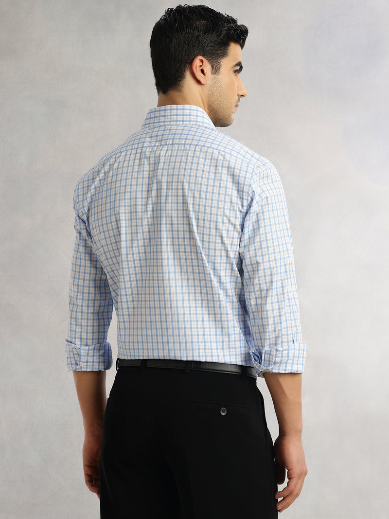 Thomas Scott Men Blue Regular Fit Long Sleeves Spread Collar Grid Tattersall Checks 100% Cotton Formal Shirt