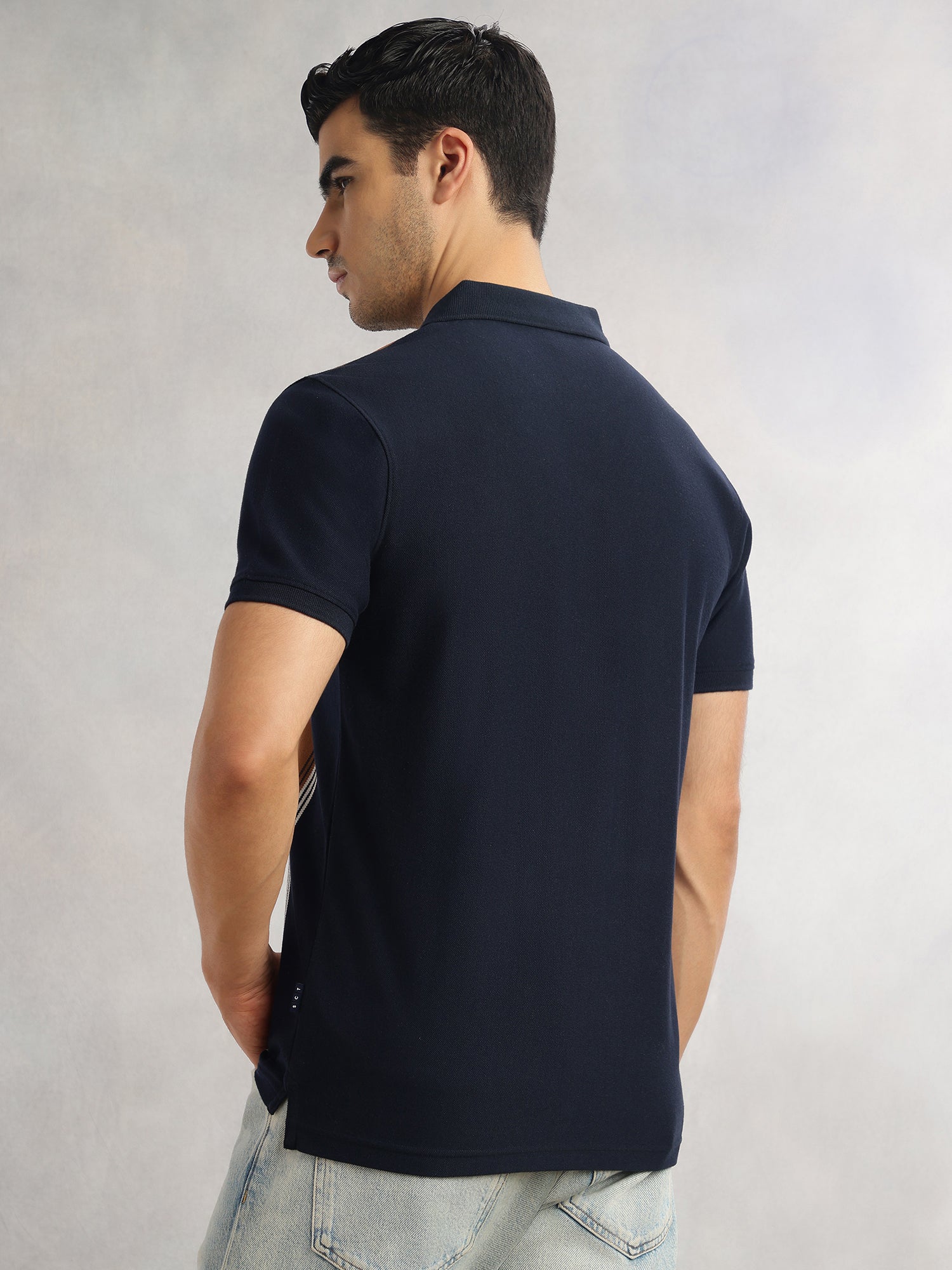 Thomas Scott Men Navy Regular Fit Short Sleeves Striped Cotton Polyester Knitted Polo Collar Tshirt