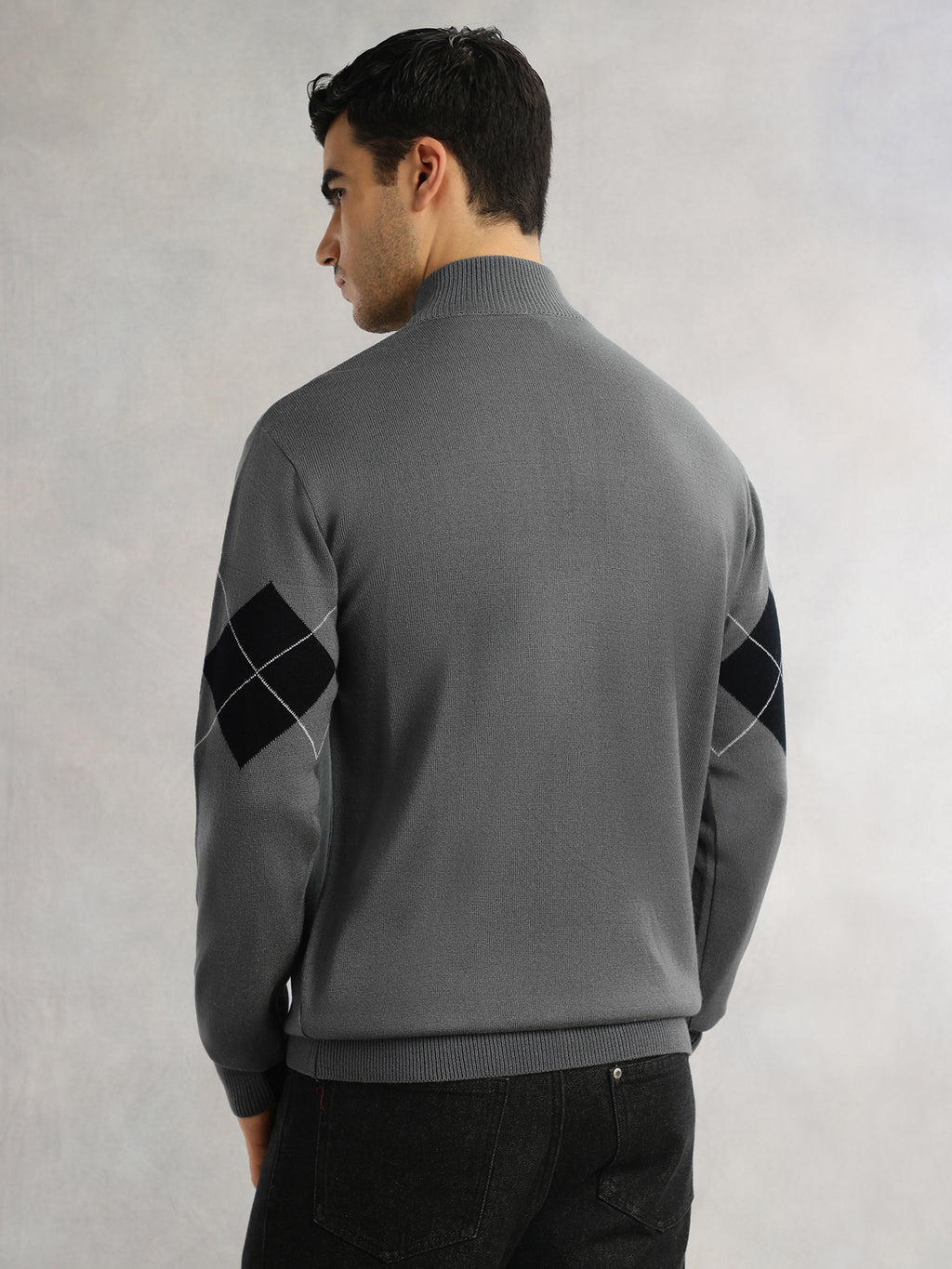 Thomas Scott Men Grey Regular Fit Long Sleeves High Neck Self Design 100% Acrylic Knitted Pullover Sweatshirt