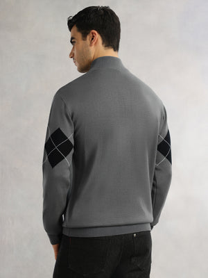 Thomas Scott Men Grey Regular Fit Long Sleeves High Neck Self Design 100% Acrylic Knitted Pullover Sweatshirt