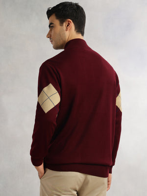 Thomas Scott Men Wine Regular Fit Long Sleeves High Neck Self Design 100% Acrylic Knitted Pullover Sweatshirt