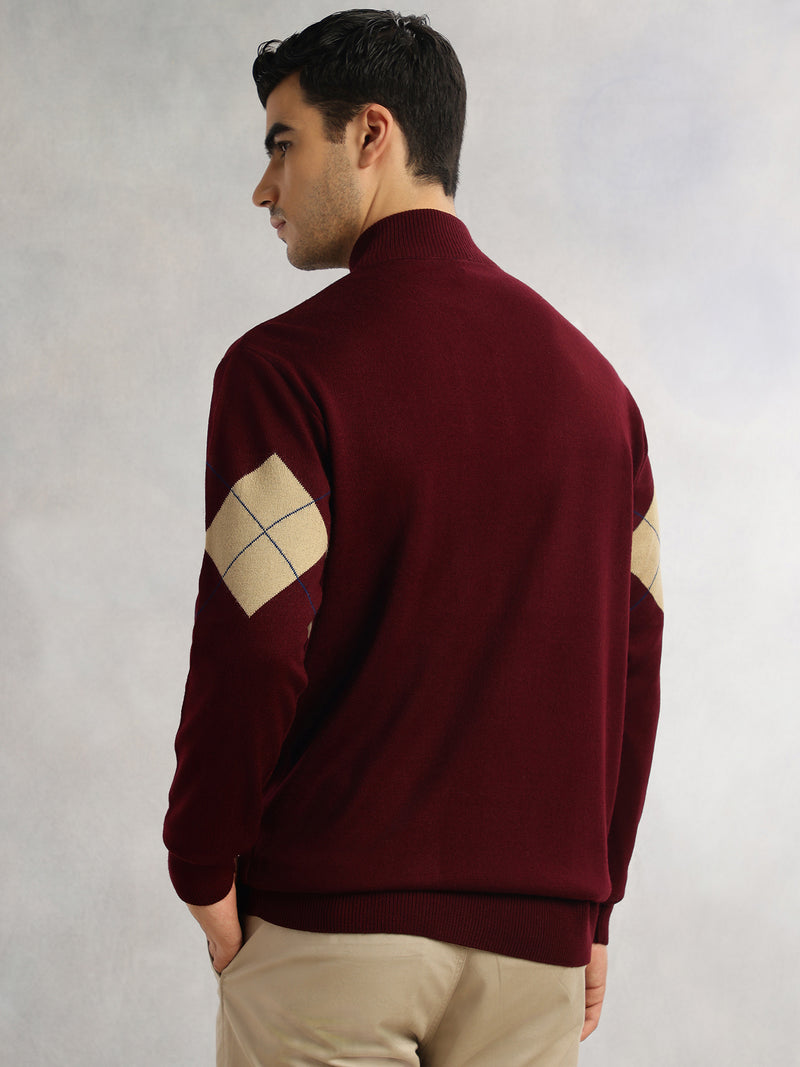 Thomas Scott Men Wine Regular Fit Long Sleeves High Neck Self Design 100% Acrylic Knitted Pullover Sweatshirt