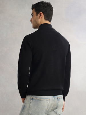 Thomas Scott Men Black Regular Fit Long Sleeves High Neck Solid Knitted Pullover Sweatshirt