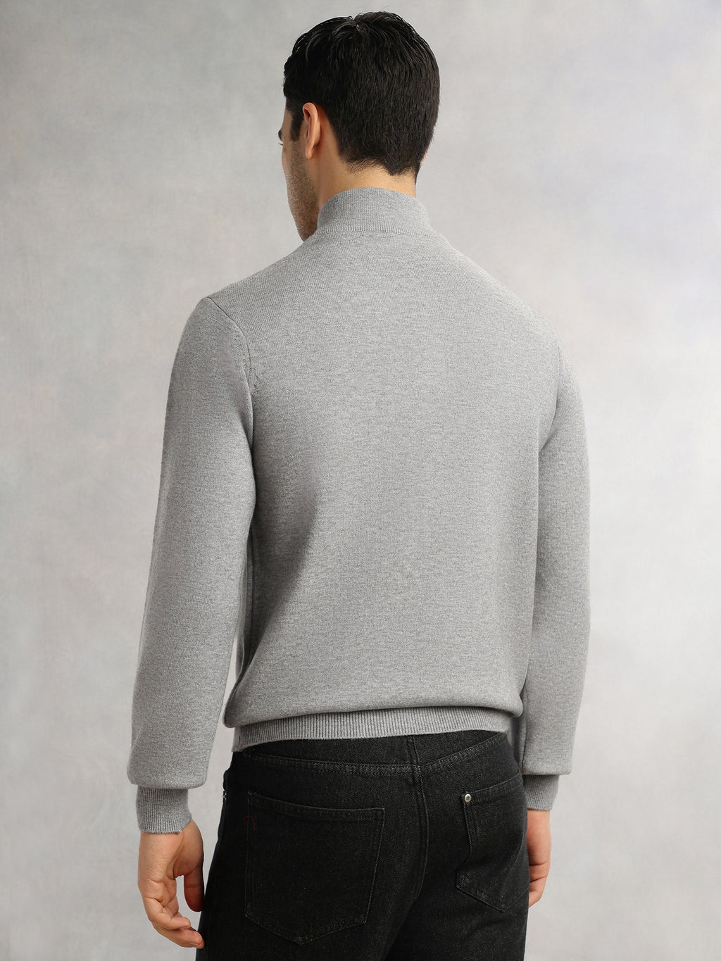 Thomas Scott Men Grey Regular Fit Long Sleeves High Neck Solid Knitted Pullover Sweatshirt
