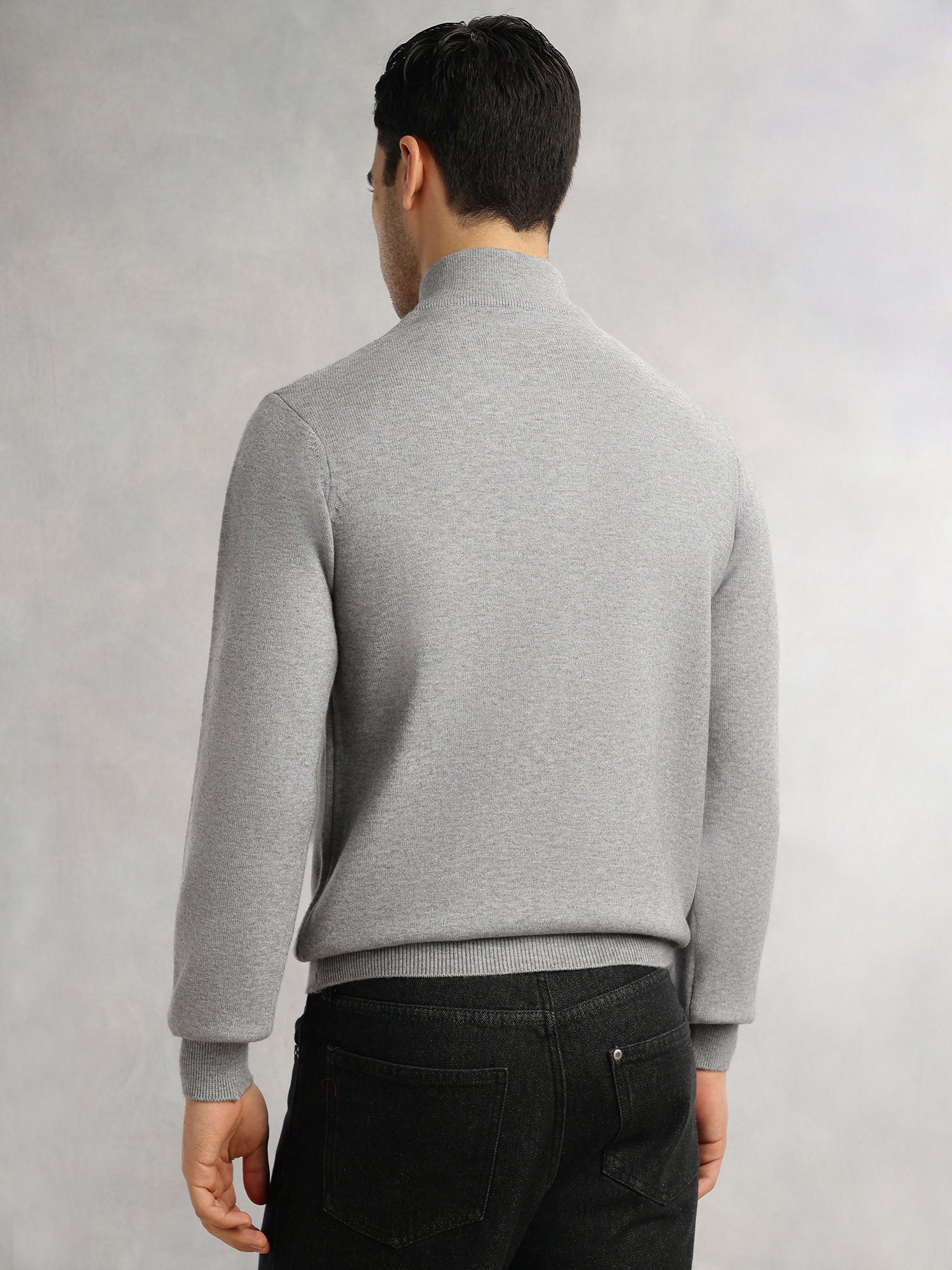 Thomas Scott Men Grey Regular Fit Long Sleeves High Neck Solid Knitted Pullover Sweatshirt