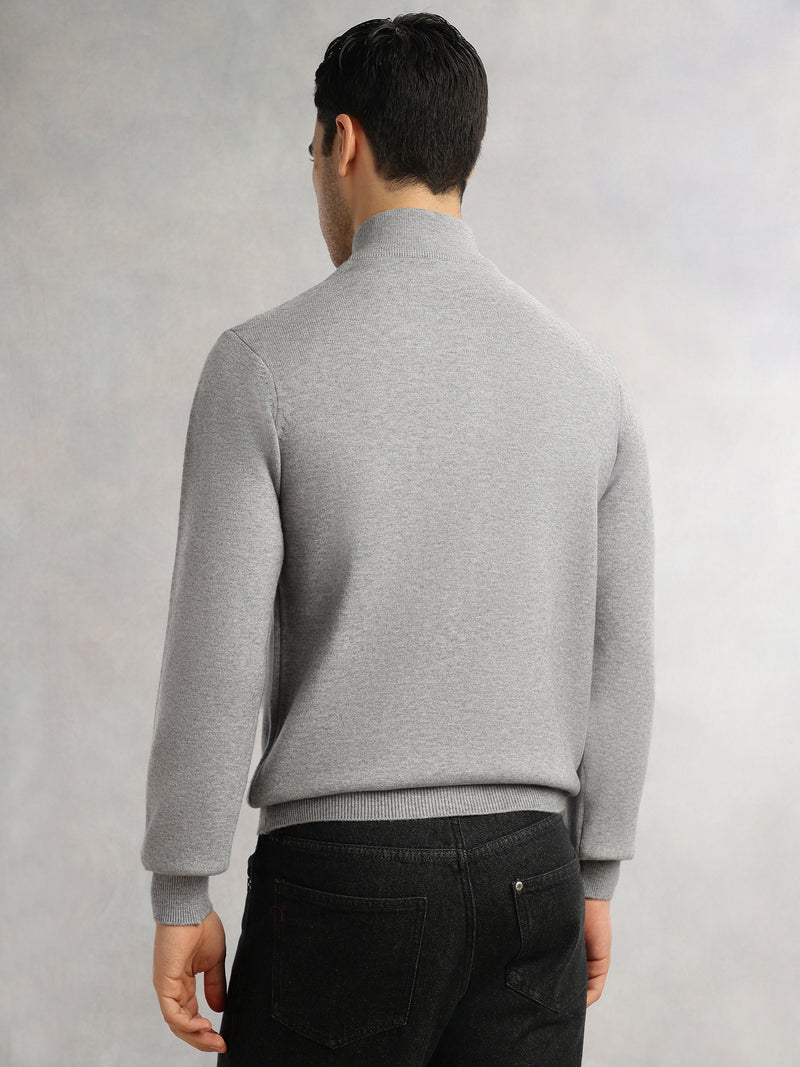 Thomas Scott Men Grey Regular Fit Long Sleeves High Neck Solid Knitted Pullover Sweatshirt