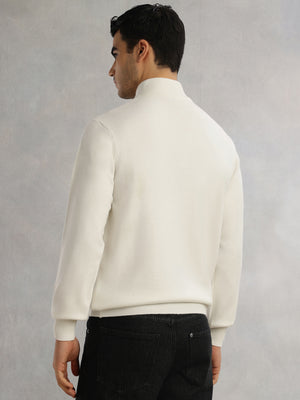 White Regular Fit Long Sleeves High Neck Solid Knitted Pullover Sweatshirt