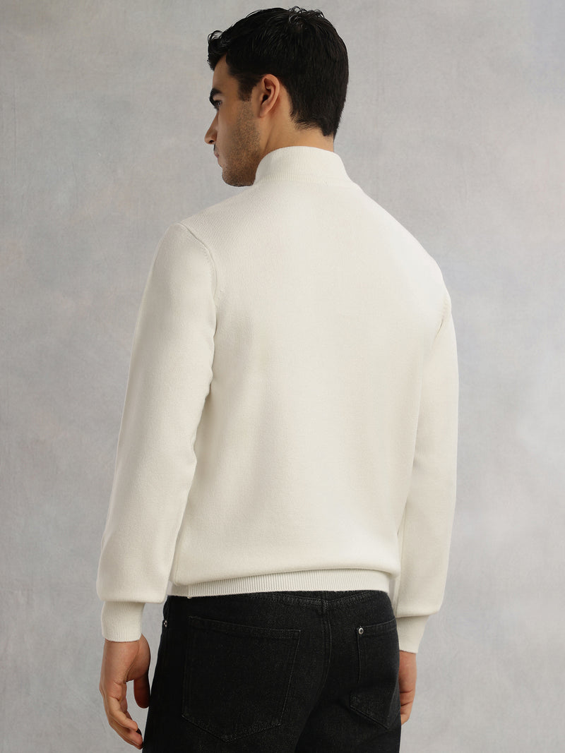 White Regular Fit Long Sleeves High Neck Solid Knitted Pullover Sweatshirt
