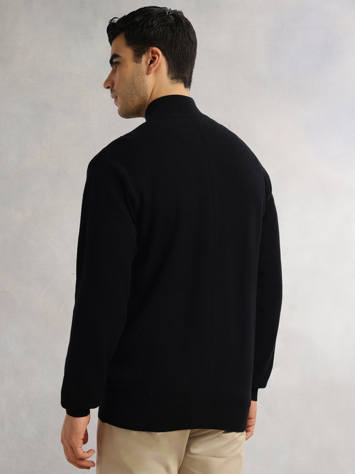 Thomas Scott Men Black Regular Fit Long Sleeves 100% Cotton Solid Front Open Knitted Sweatshirt