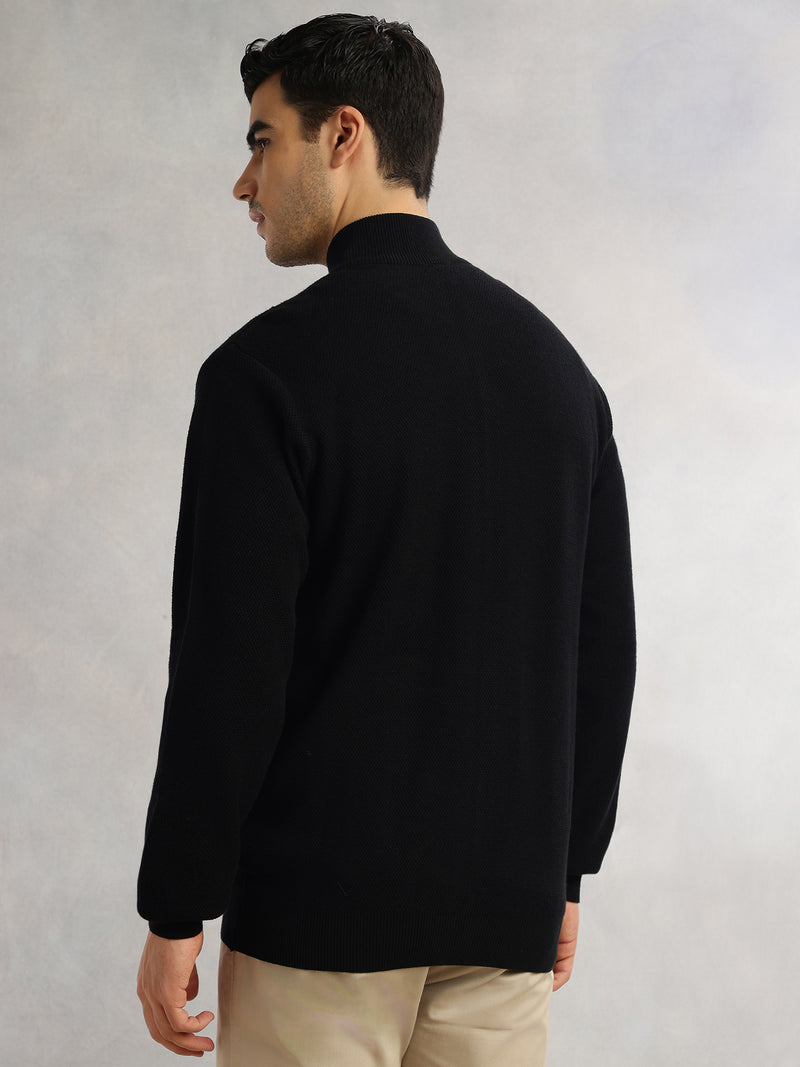 Thomas Scott Men Black Regular Fit Long Sleeves 100% Cotton Solid Front Open Knitted Sweatshirt
