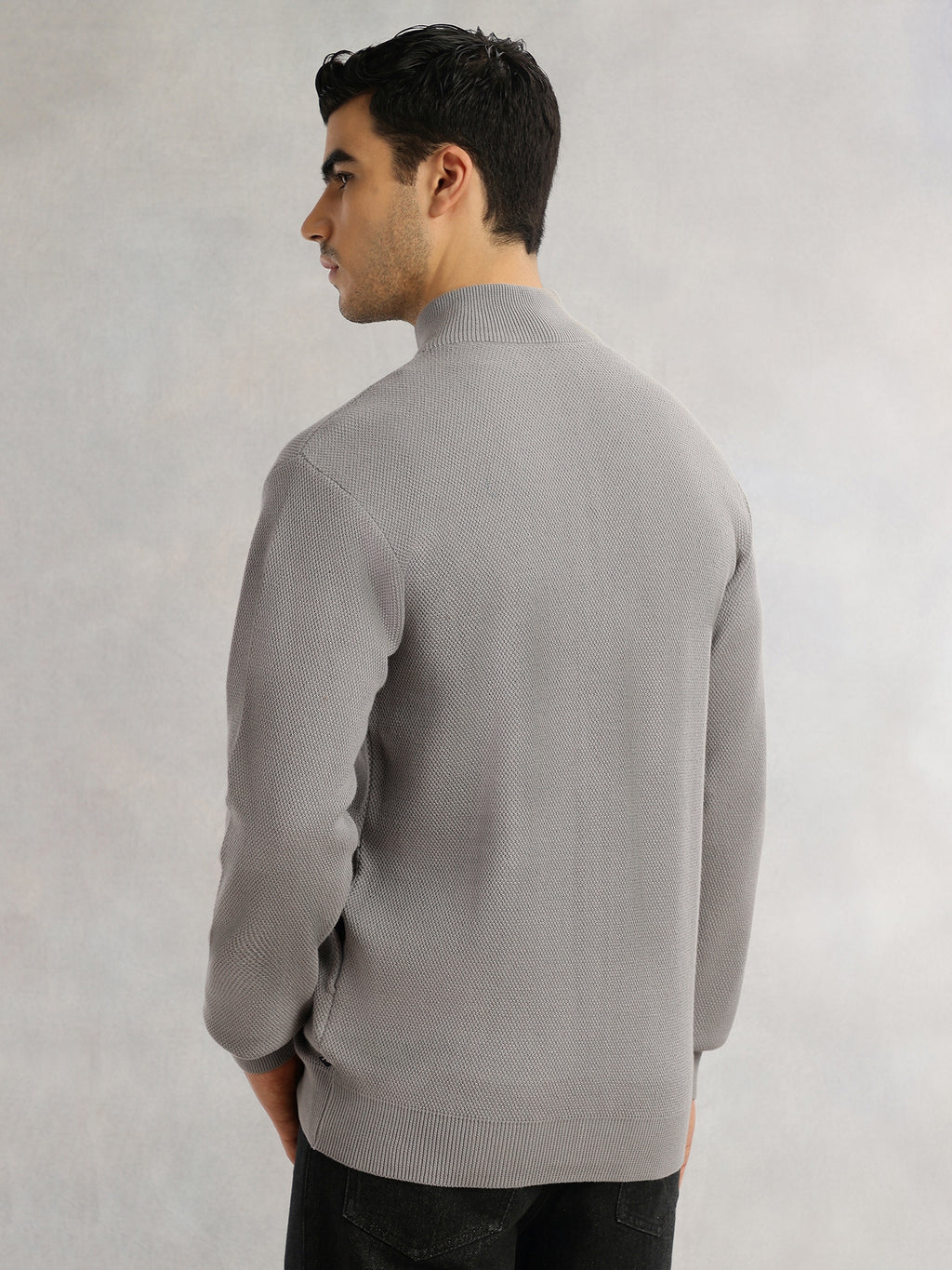 Thomas Scott Men Grey Regular Fit Long Sleeves 100% Cotton Solid Front Open Knitted Sweatshirt