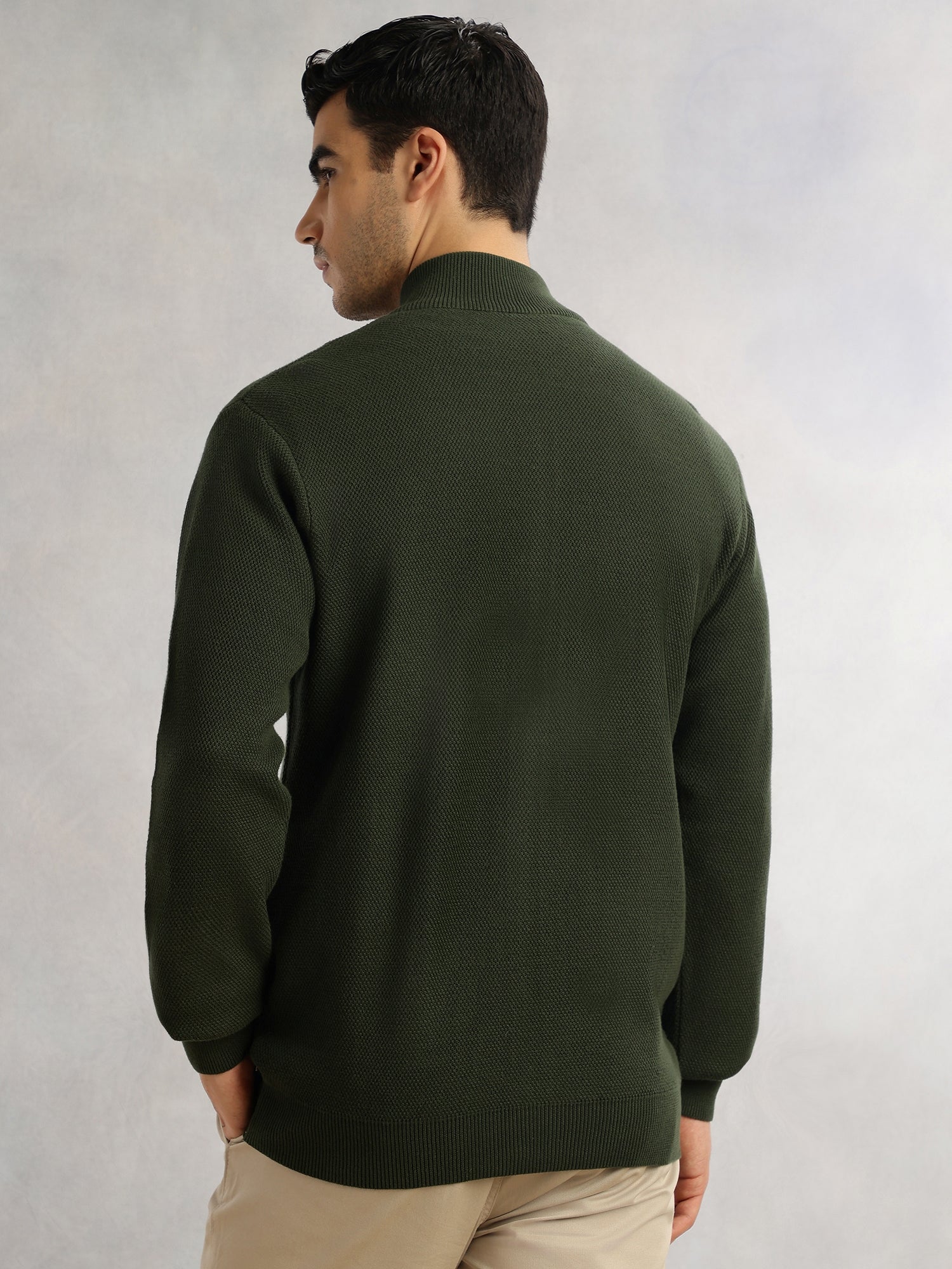 Thomas Scott Men Olive Regular Fit Long Sleeves 100% Cotton Solid Front Open Knitted Sweatshirt