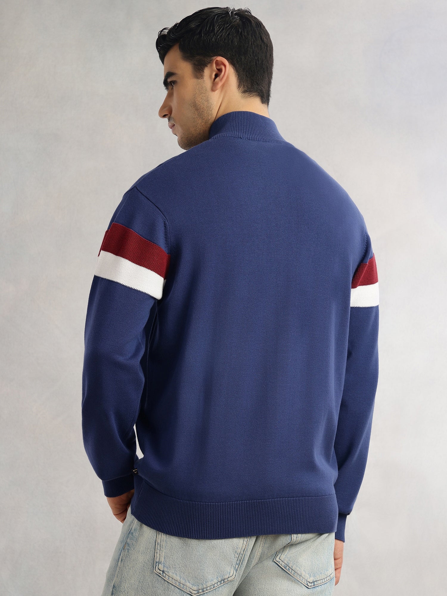 Thomas Scott Men Blue Regular Fit Long Sleeves High Neck Self Design 100% Cotton Knitted Sweatshirt