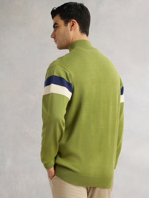 Thomas Scott Men Green Regular Fit Long Sleeves High Neck Self Design 100% Cotton Knitted Sweatshirt
