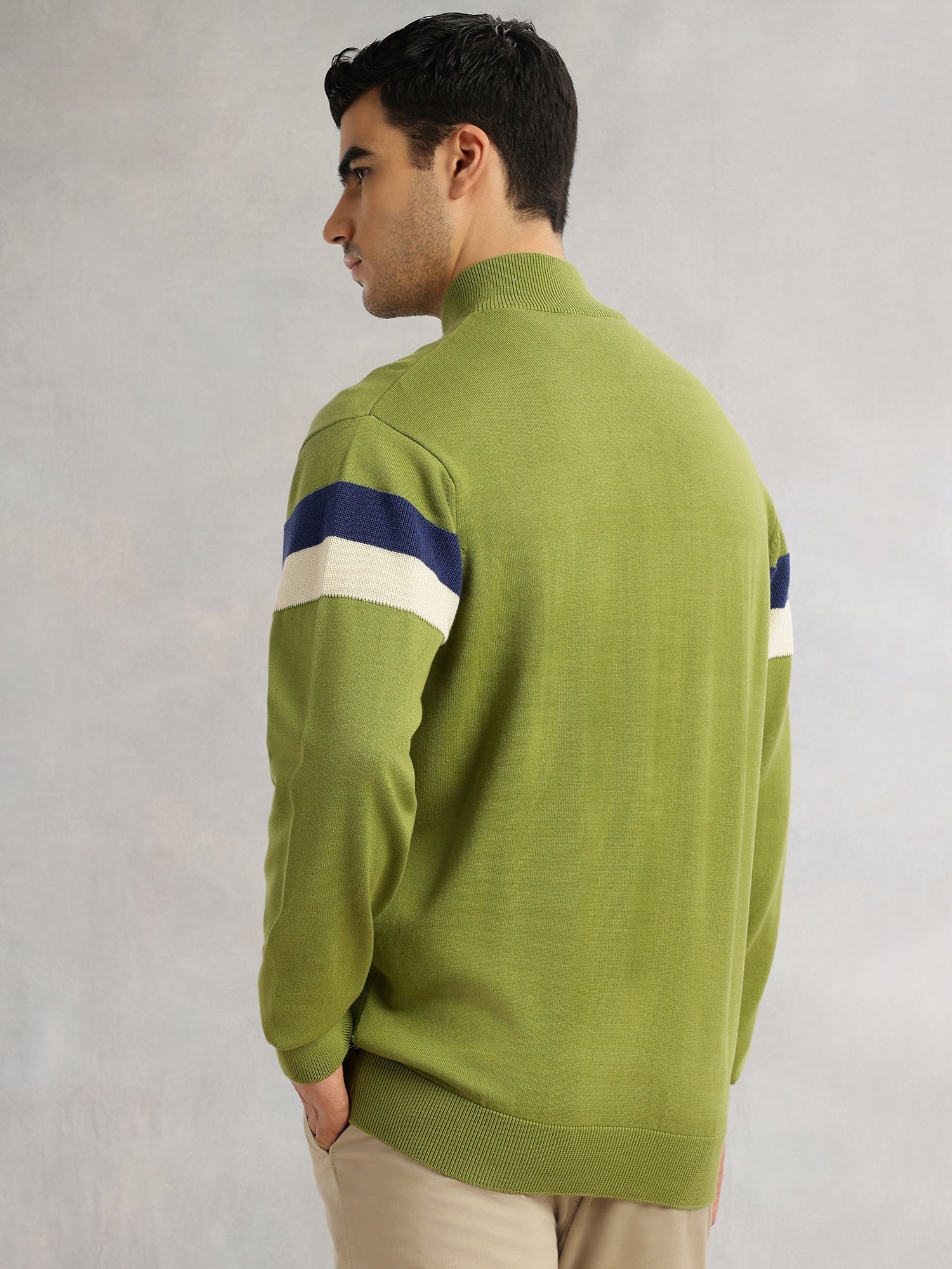 Thomas Scott Men Green Regular Fit Long Sleeves High Neck Self Design 100% Cotton Knitted Sweatshirt