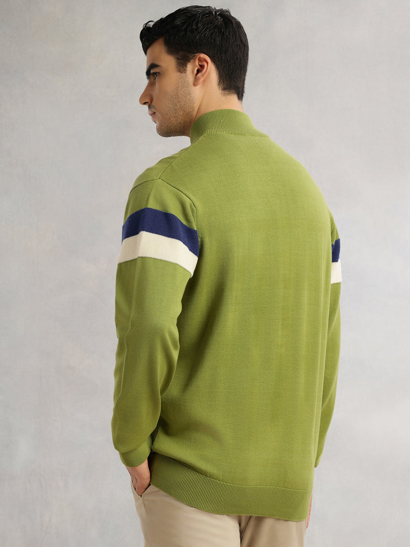 Thomas Scott Men Green Regular Fit Long Sleeves High Neck Self Design 100% Cotton Knitted Sweatshirt