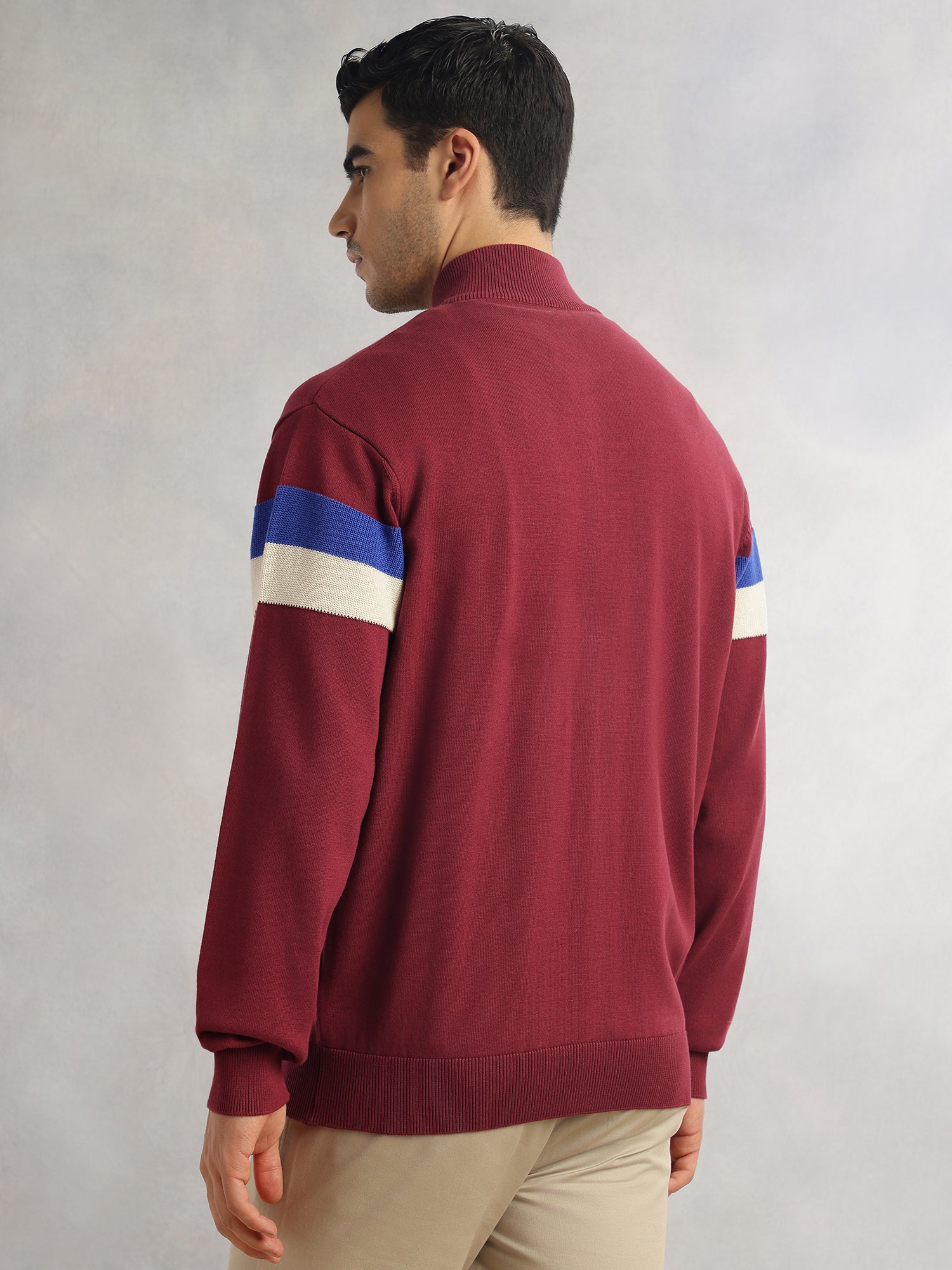 Thomas Scott Men Red Regular Fit Long Sleeves High Neck Self Design 100% Cotton Knitted Sweatshirt