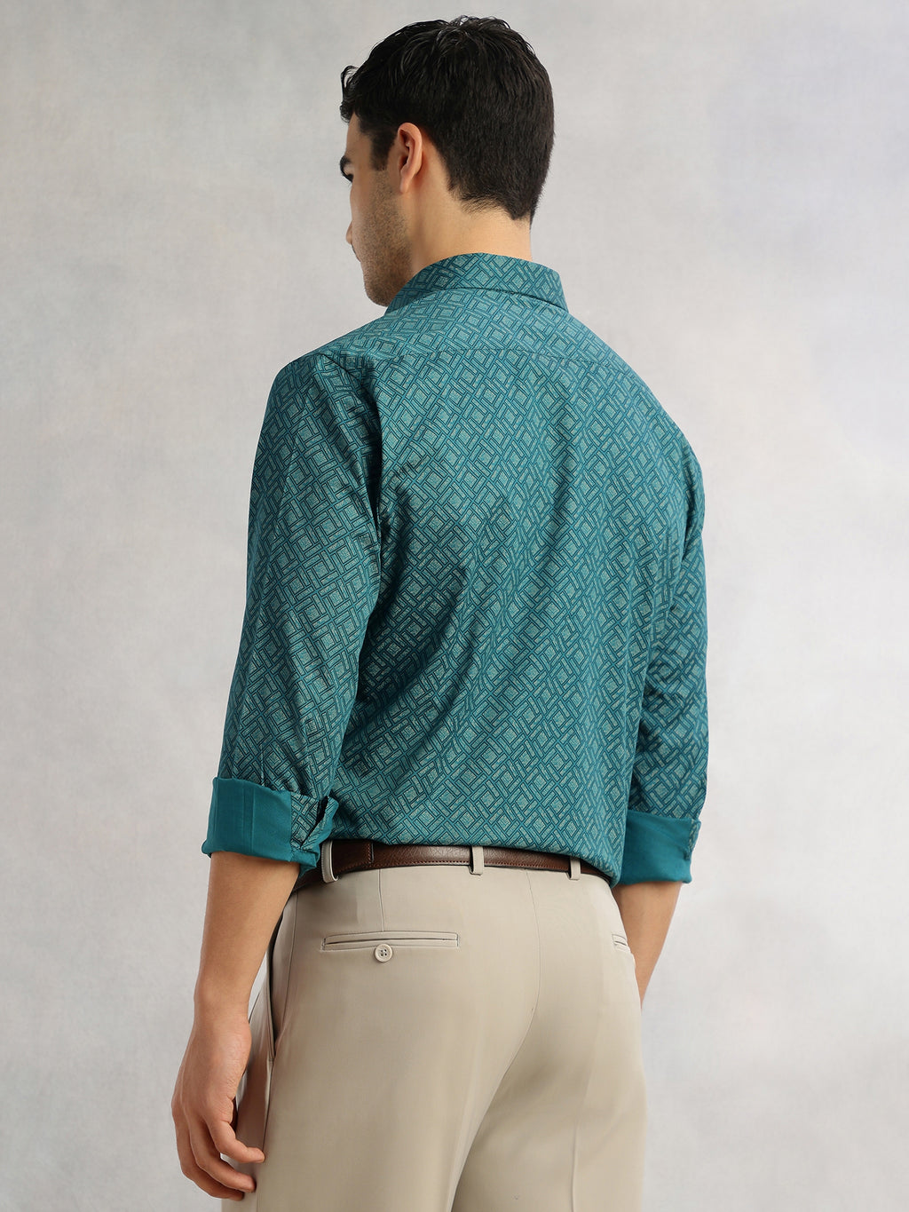 Thomas Scott Men Teal Regular Fit Long Sleeves Spread Collar Geometric Printed 100% Cotton Formal Shirt